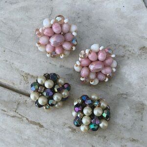 Vintage cluster bead clip earrings pink aurora borealis crystal 1950 Germany